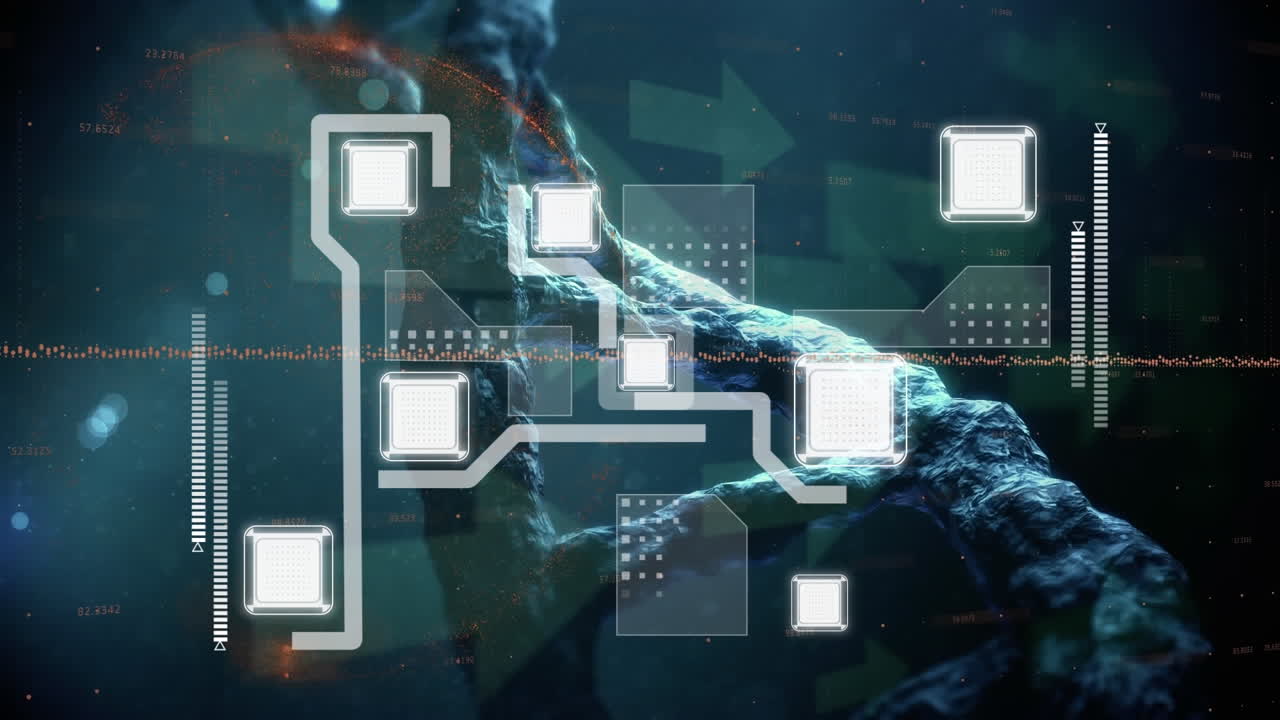 Animation of network of connections with arrows and dna strand