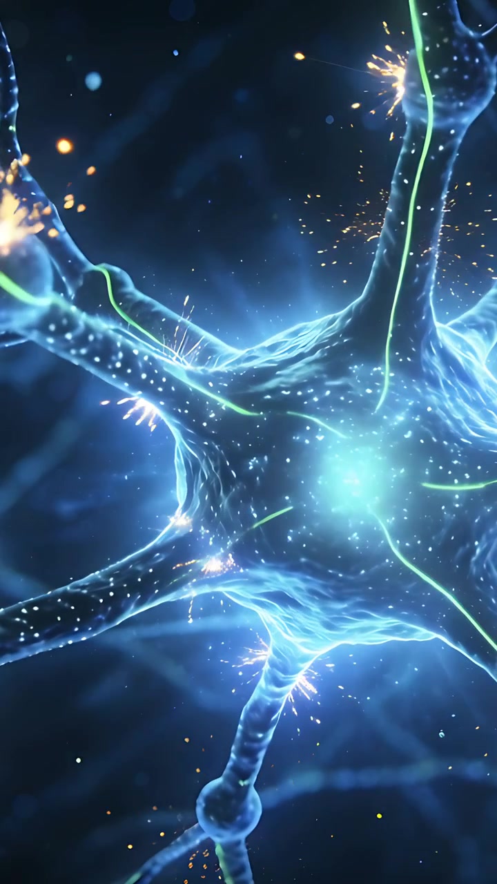 Vertical video: Sparking soma sending pulse after dendrite sparking in neural net, orange sparking