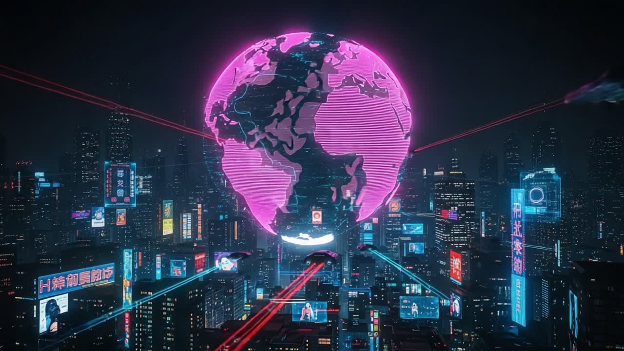 Futuristic Urban Landscape with a Neon-Illuminated Globe Surrounded by High-Tech Advertisements and Drones in a Cyberpunk City at Night