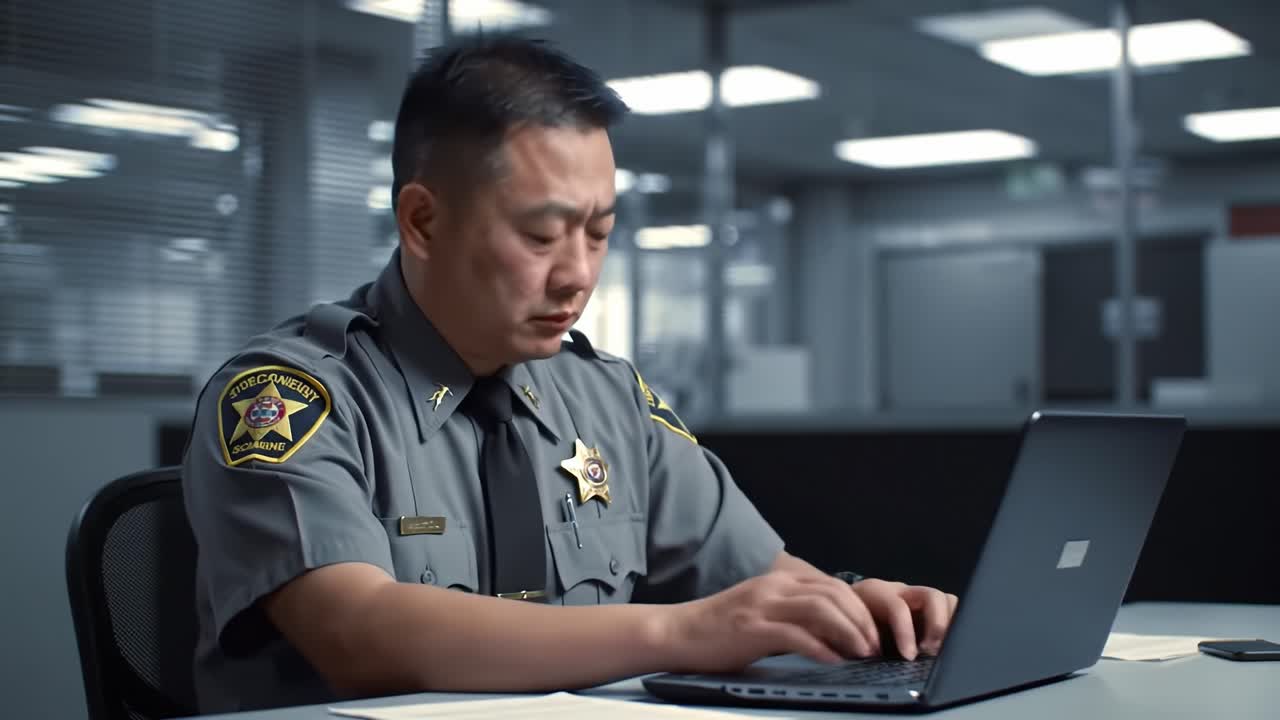 Petugas Polisi Bekerja dengan Laptop