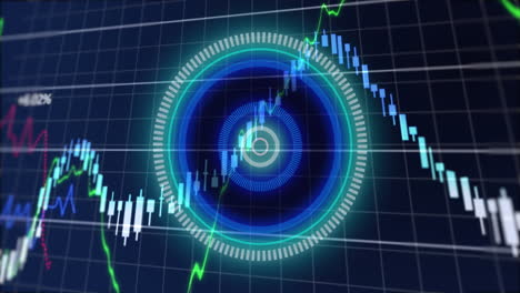 animación de un escáner redondo de neón que gira sobre el procesamiento de datos financieros contra un fondo azul.