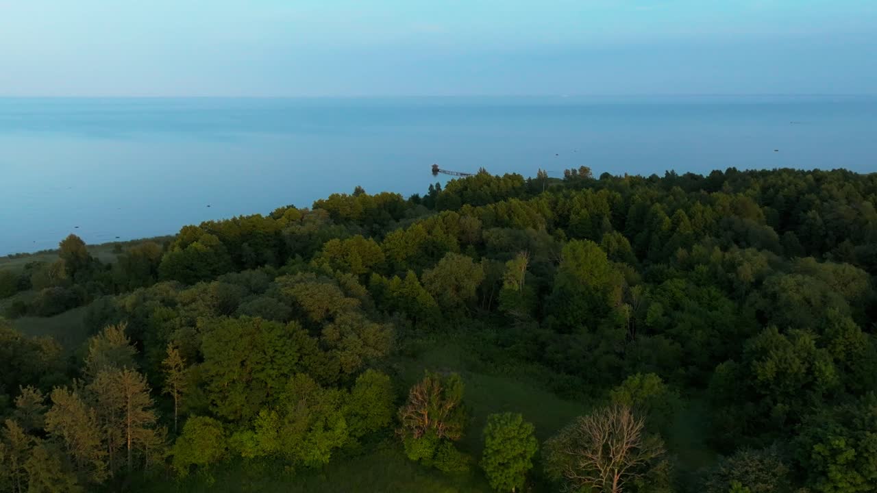 Flying over a wooded area towards the coastline with a pier snaking into the sea, evening light