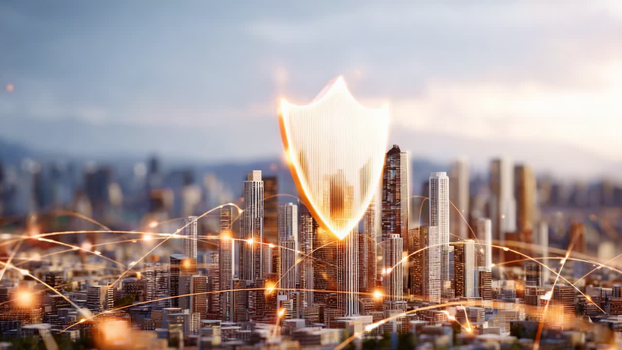 テクノロジーと安全性を強調し、相互接続された都市景観におけるセキュリティと保護を象徴する光る盾がある都市のスカイラインの眺め。