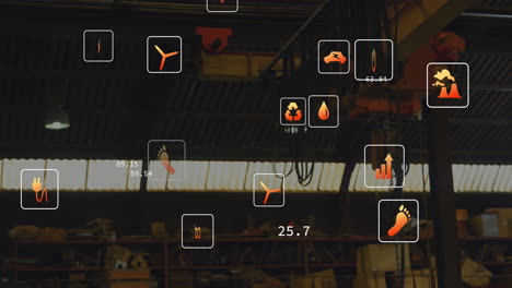 animation of eco icons data processing over warehouse