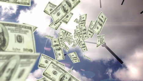 dollar bills falling with over sky background
