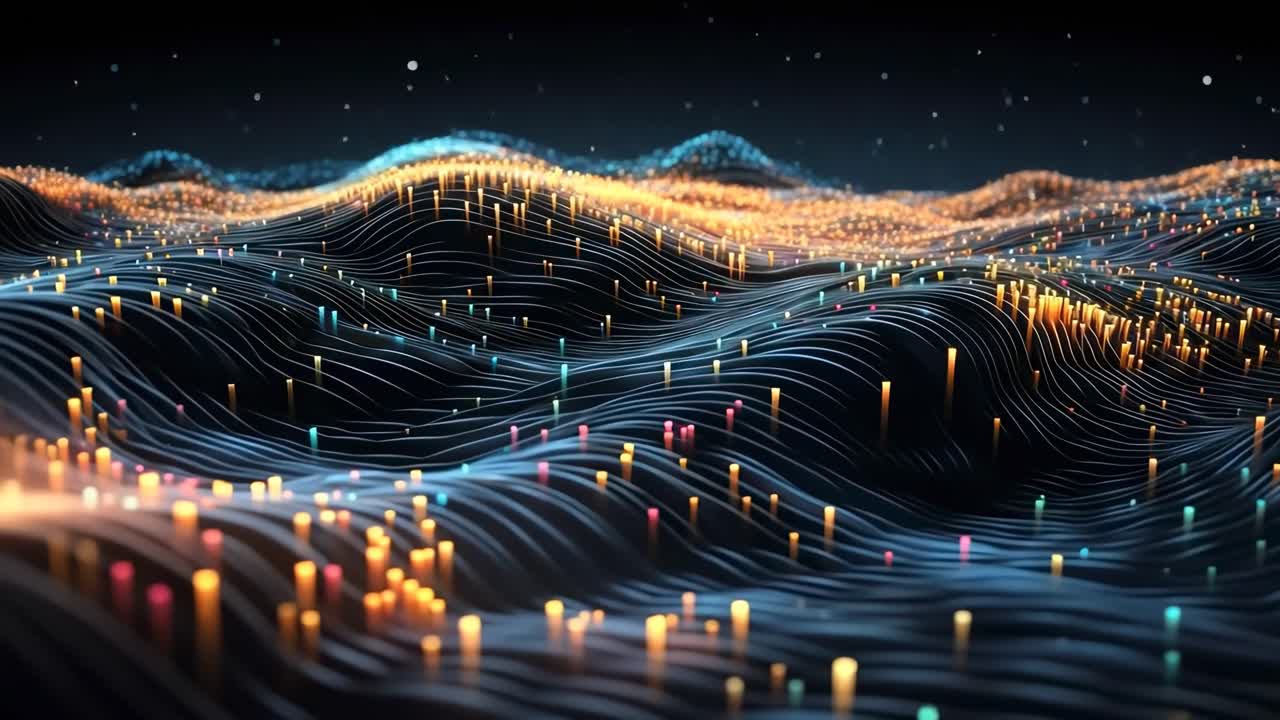 Abstract digital landscape with glowing particles, viewed from a low angle