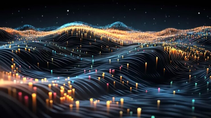 Abstract digital landscape with glowing particles, viewed from a low angle