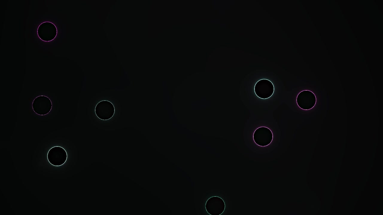 Abstracte animatie van gloeiende roze neoncirkels zwevend op een zwarte achtergrond