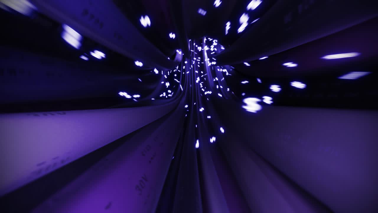 los cables, los cables, el signo del dólar, el vuelo a través de los datos, internet, el circuito de energía, la fibra 4k.