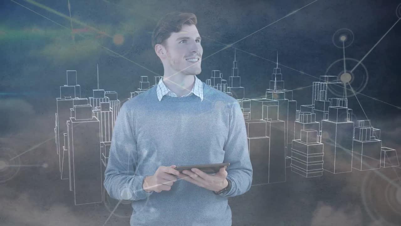 Animación de un empresario caucásico usando una tableta y una red de conexiones sobre un paisaje urbano