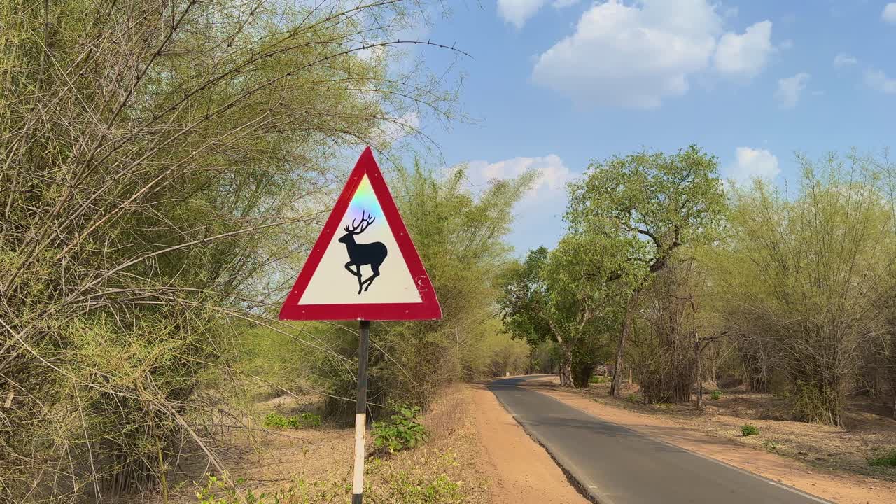 A tilt-up shot of a deer crossing sign in a jungle with a white triangle and a black deer silhouette, it provides information to drivers about the potential presence of deer on the road