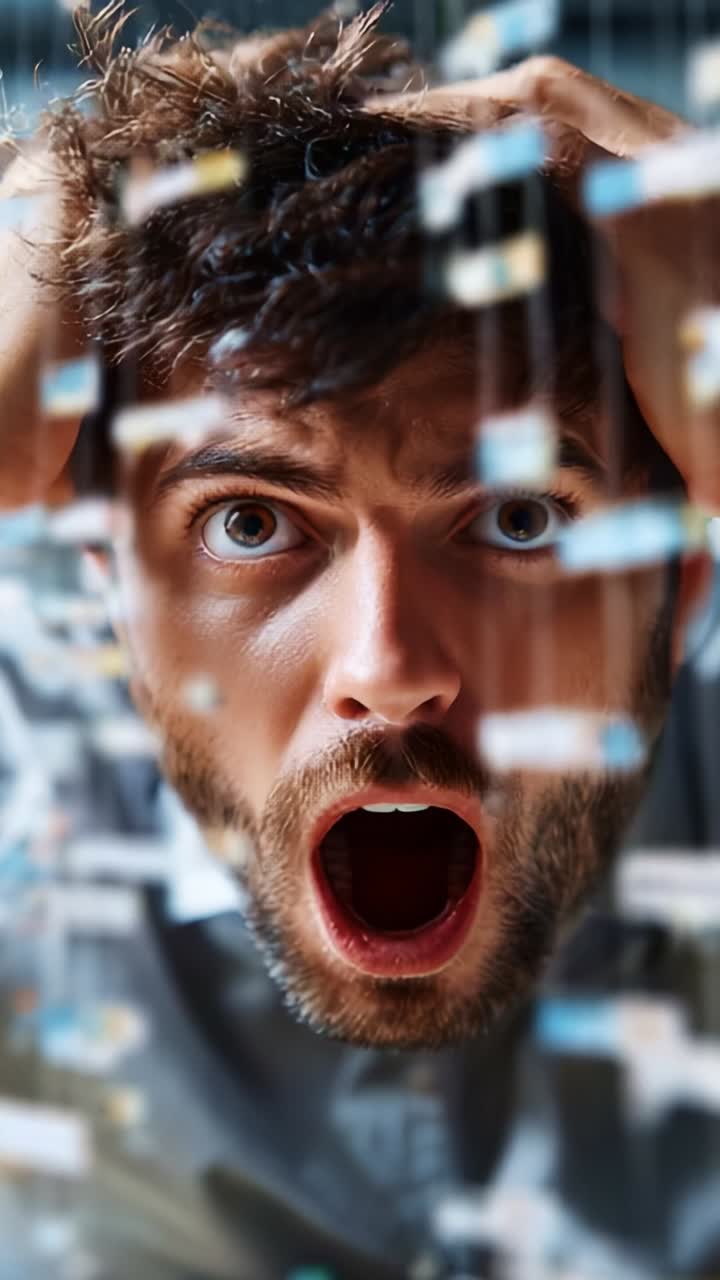 A man expresses intense shock and frustration, overwhelmed by chaotic surroundings filled with floating objects in a striking display of emotions