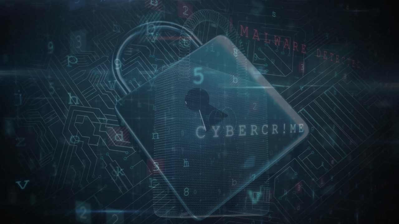 Animation of cyber security data processing over security padlock and microprocessor connections