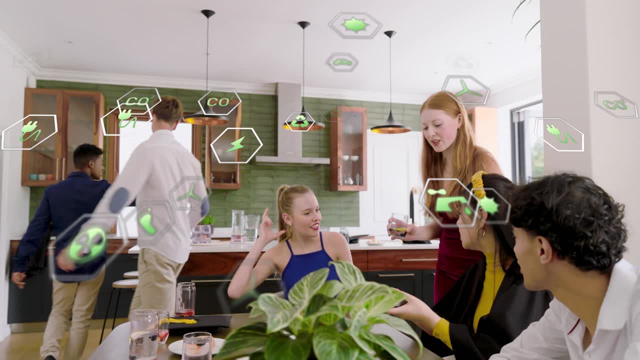 Woman taking cell selfie for sharing, AR icons hovering faces, tapping pad, group moving to counter