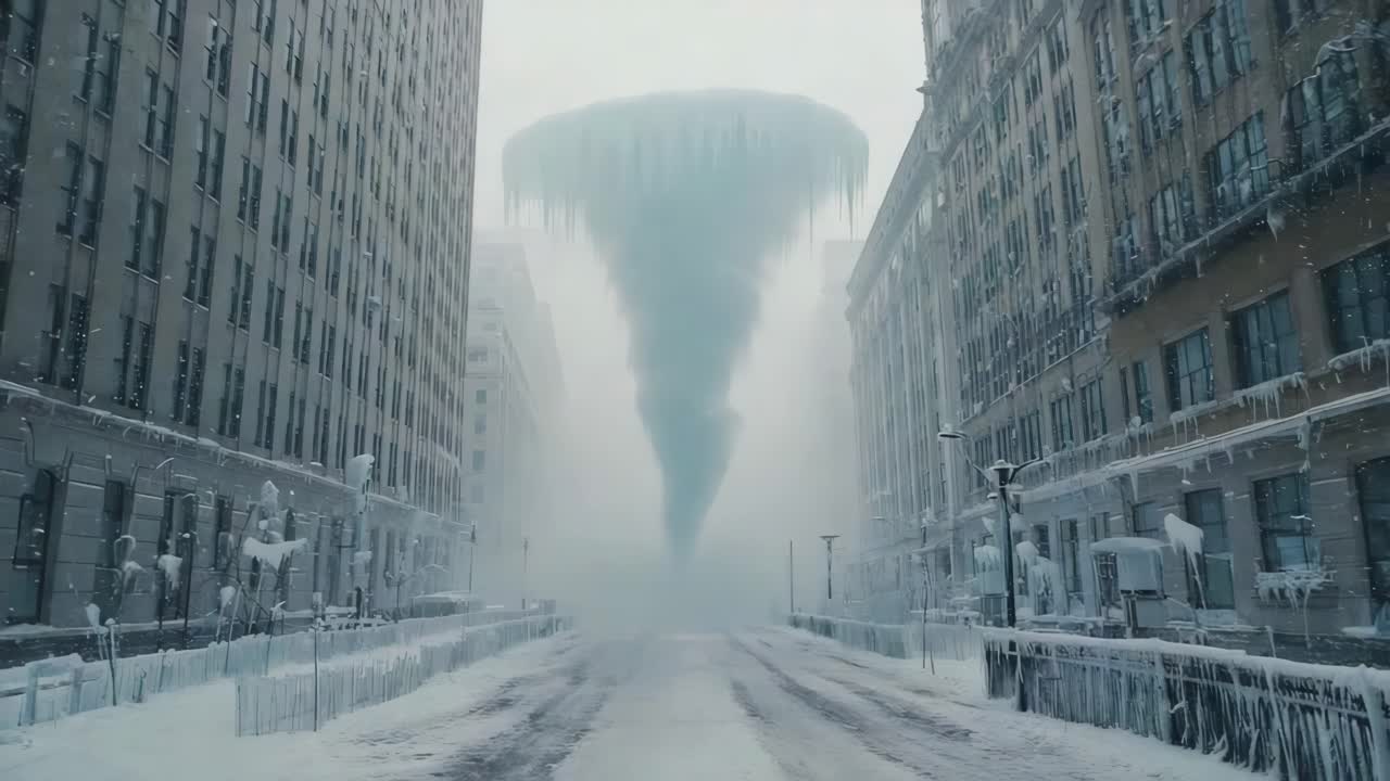 Ice Tornado in a Snowy City Street