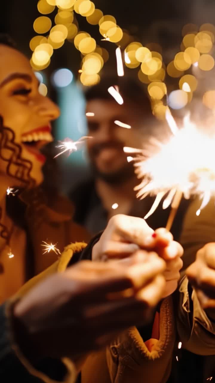 Celebración de la alegría: Dos amigos compartiendo momentos con bengalas entre luces parpadeantes en una atmósfera festiva, capturados en el encantador resplandor del anochecer.