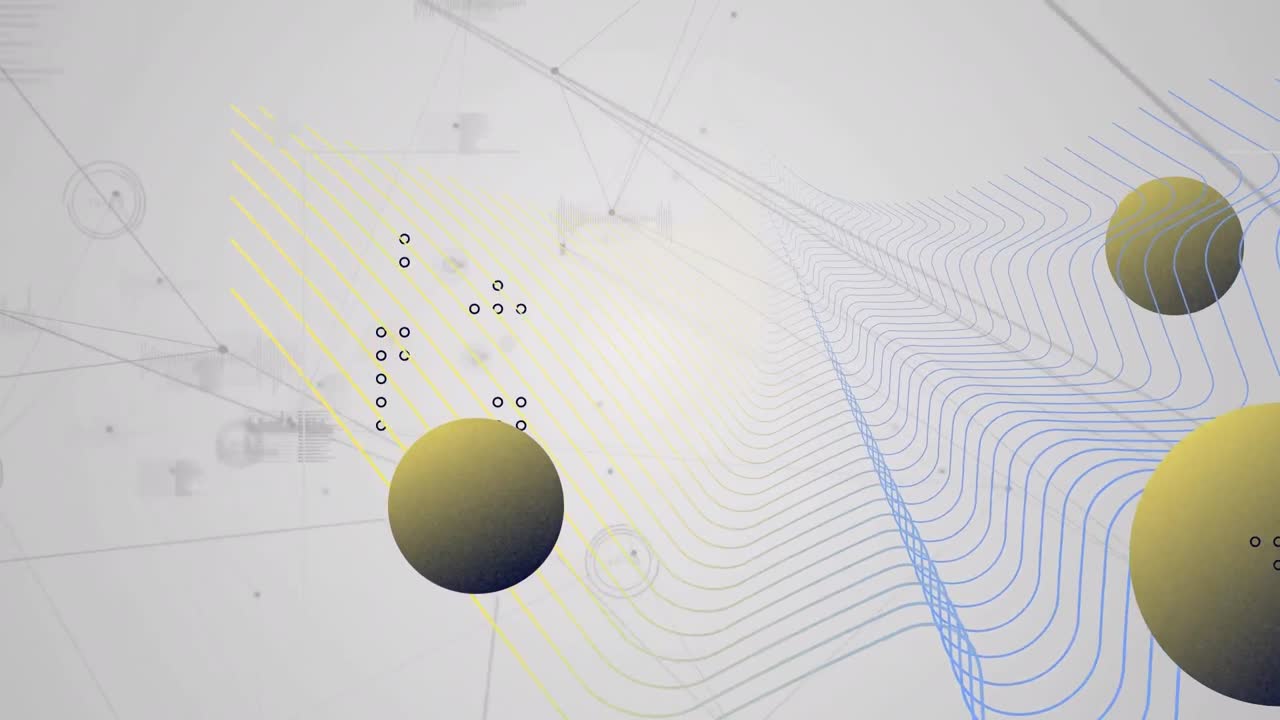 Animation of shapes over network of connections and data processing on white background