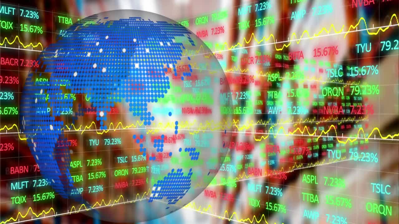 animación del globo y procesamiento de datos financieros sobre el almacén