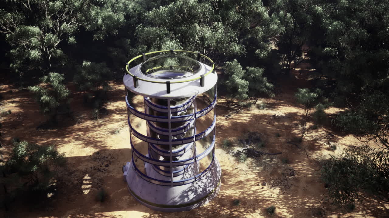 Unique construction structure surrounded by dense trees in a natural landscape