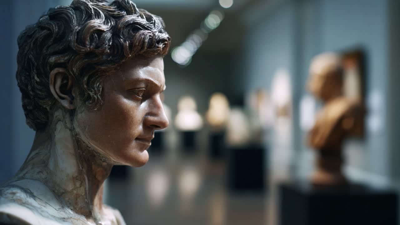 Un primo piano di una scultura classica in una galleria d'arte, che mostra una maestria artigianale superba e dettagli eleganti, in un ambiente museale dalla luce soffusa.