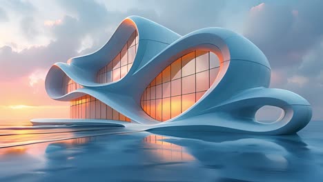 futuristic organic building with reflections at sunset