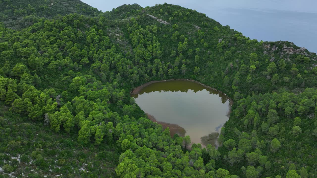 Lot z drona nad wyspą Mljet w Chorwacji, zielona laguna ukryta w zalesionym obszarze, ukazująca krajobraz Morza Adriatyckiego.