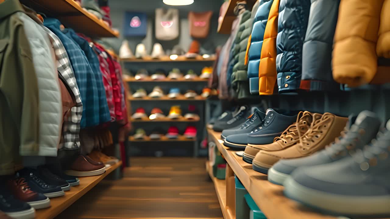 Innenansicht eines Bekleidungs- und Schuhgeschäfts.