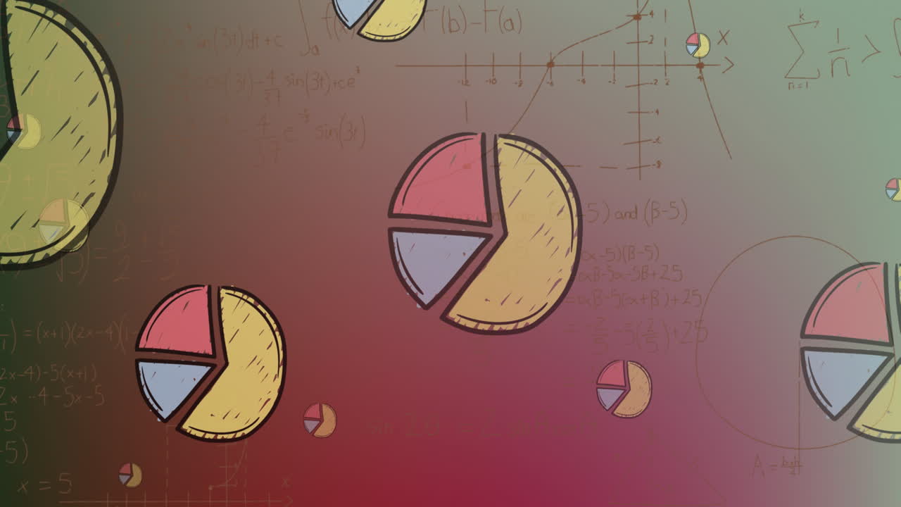 animación de gráficos circulares sobre ecuaciones matemáticas y diagramas contra un fondo abstracto