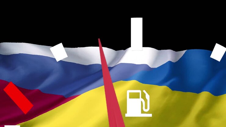 Animation of petrol gauge and data processing over flags of russia and ukraine