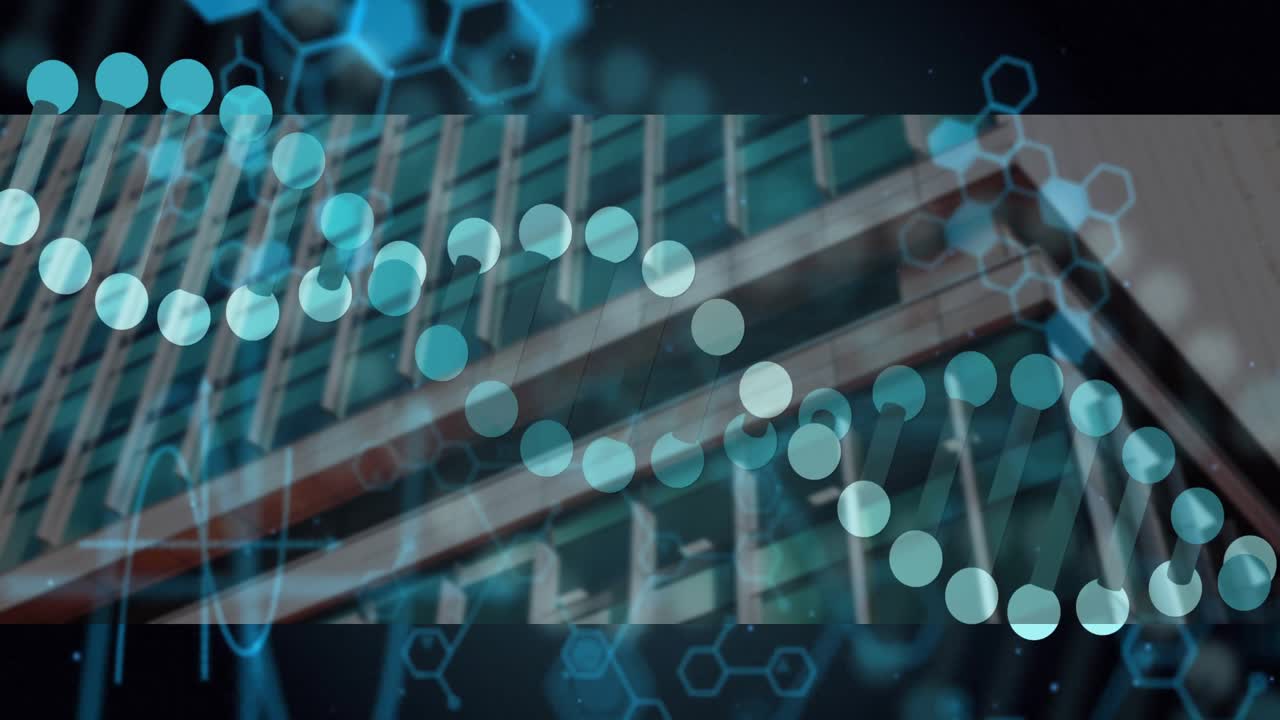 Lifting tilt starting hexagon and code merging into helix animating across facade showing data