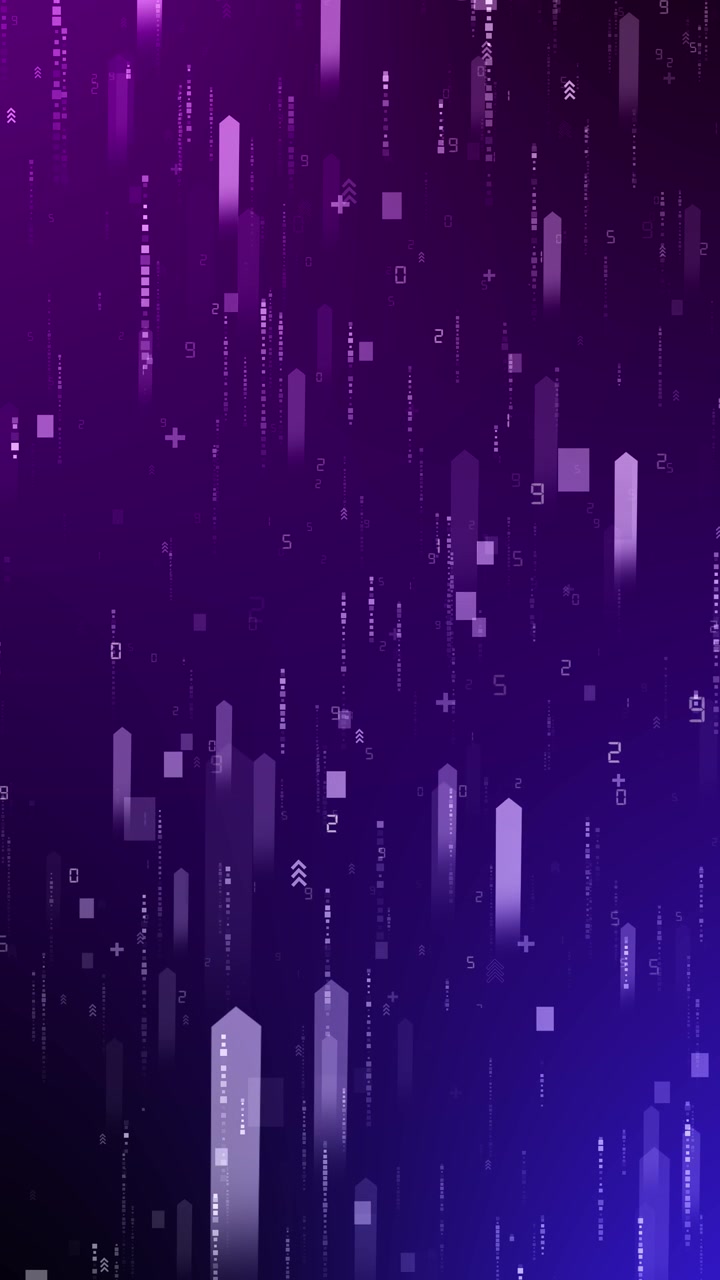 Purple digital arrow background moving bars numbers plus signs data blocks and futuristic tech