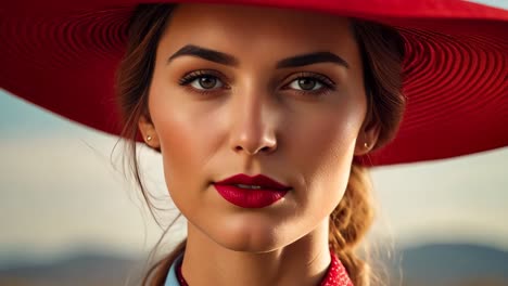 una mujer con un sombrero rojo y una camisa azul