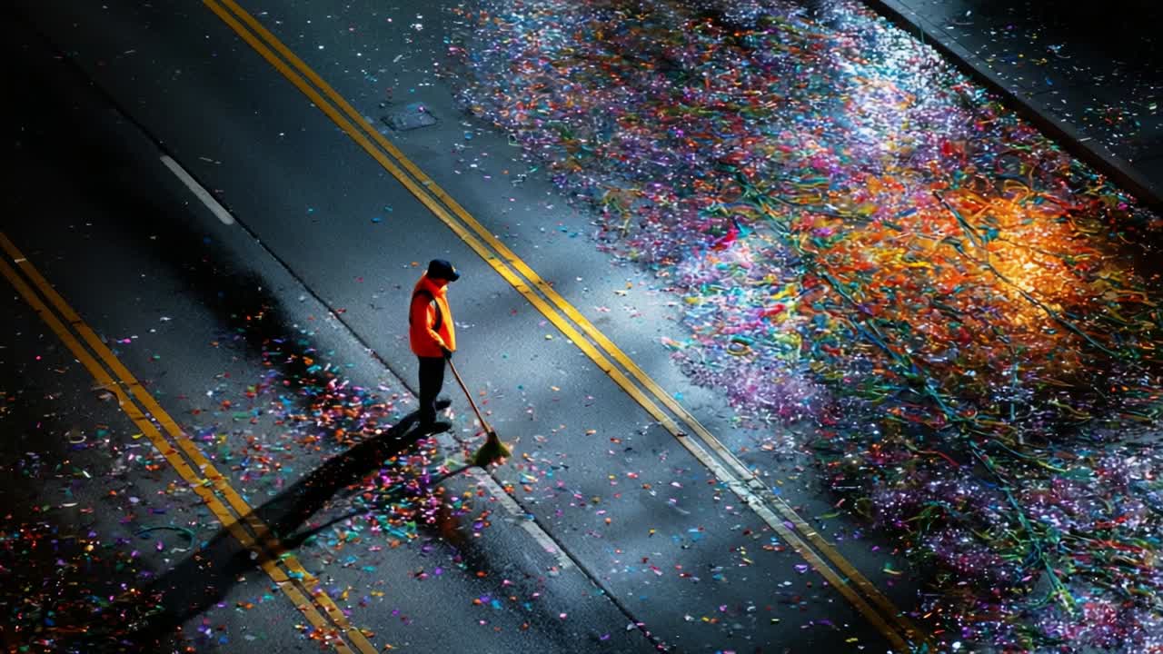 A solitary street cleaner dressed in bright orange sweeps the colorful remnants of a celebration from the road, capturing the essence of post-event cleanup beneath the glow of city lights