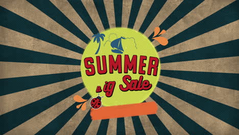 summer big sale with yacht and palms trees on sun rays patten
