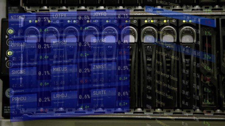 Animation of statistics, stock market and financial data processing over computer server