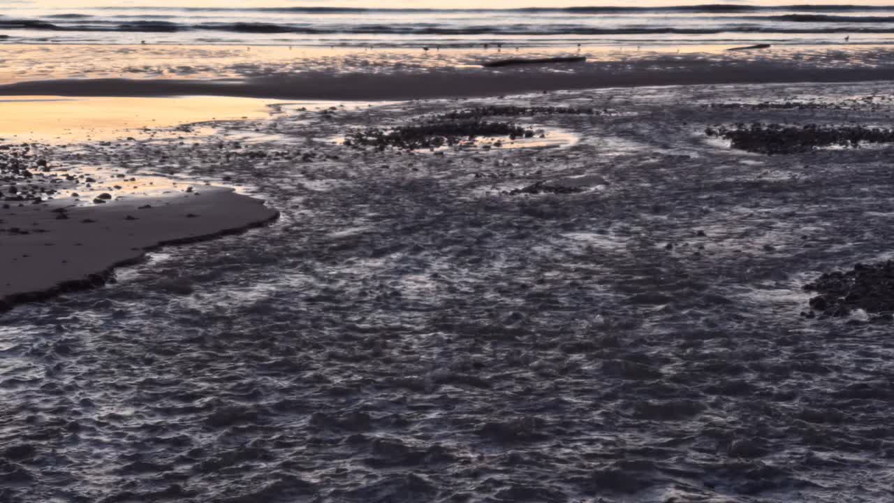 새벽 빛과 함께 바다로 흐르는 강이 있는 레벤 해변