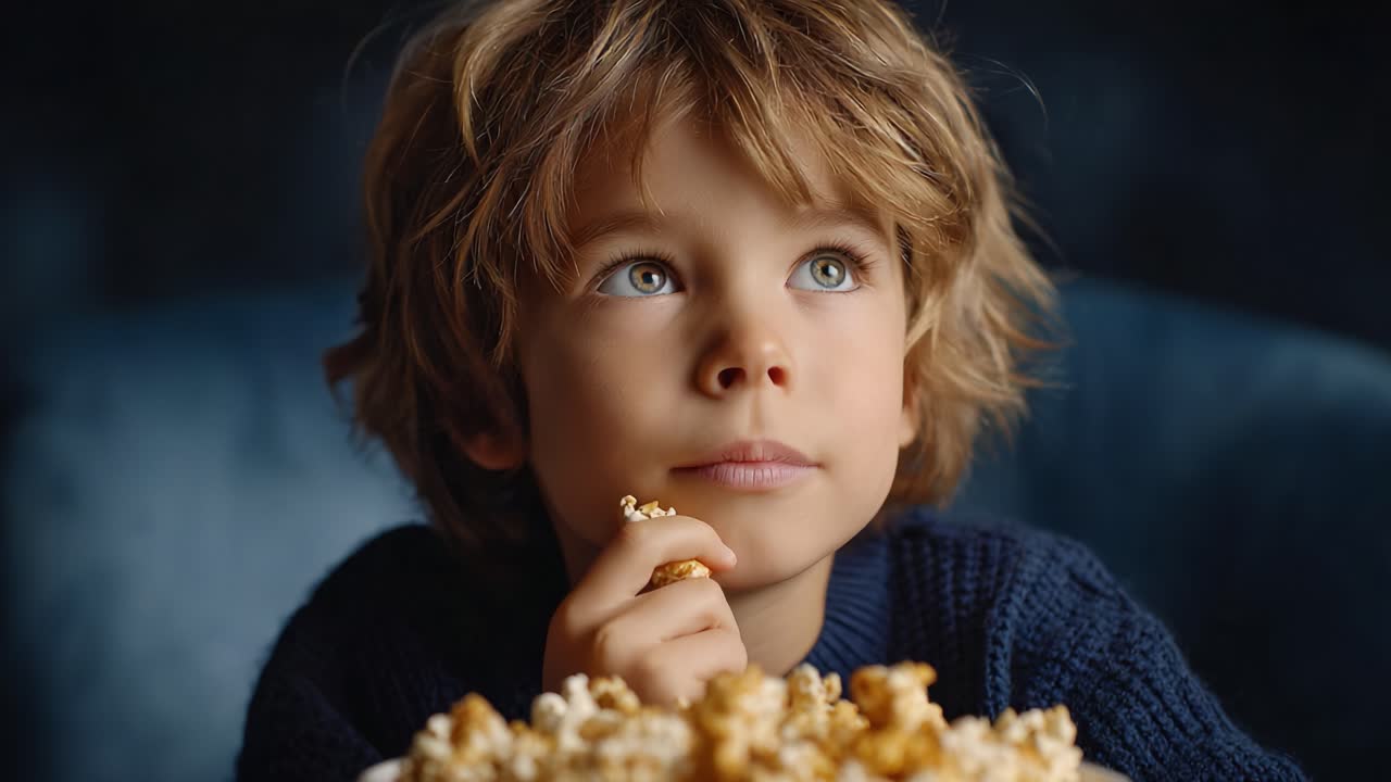 Un ragazzino si gode uno snack perfetto di popcorn mentre è seduto pensieroso, catturando la gioia e l'attesa della serata cinema in un'atmosfera accogliente