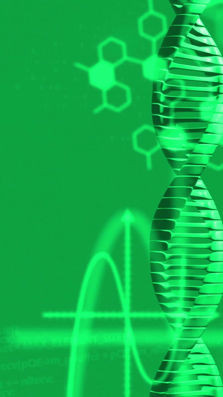 Video verticale: All'avvio, elica del DNA pulsante, grafico che sale e si allinea, esagoni lampeggianti per dati genetici.