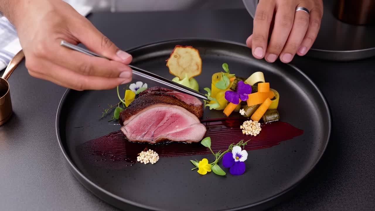 Vídeo cenital de un plato gourmet con guarniciones vibrantes que muestra arte culinario