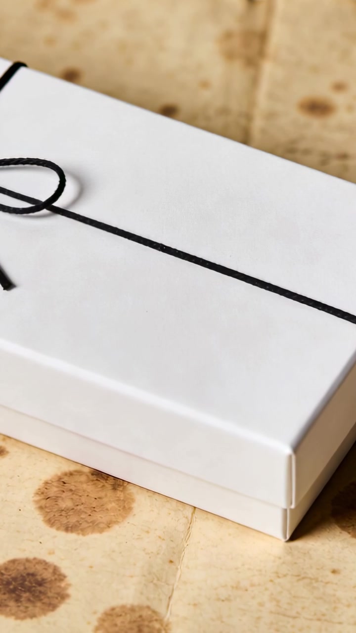 Vertical video: Panning camera framing white gift box on kraft paper on take, showing black string