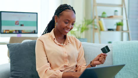 Black-woman,-laptop-or-credit-card-in-online