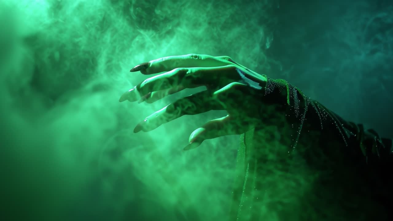 An Enigmatic Hand Emanating Mystique Surrounded by Ethereal Green Mist Captivates the Imagination in a Dark and Enchanting Atmosphere