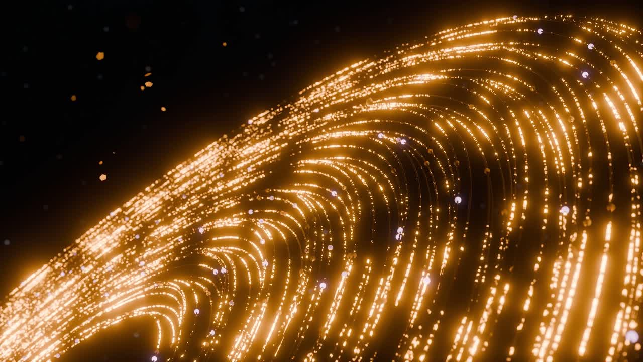 Abstract wave of glowing yellow particles and light trails on black background. Futuristic technology and data flow concept. Design for poster, wallpaper, banner, vertical