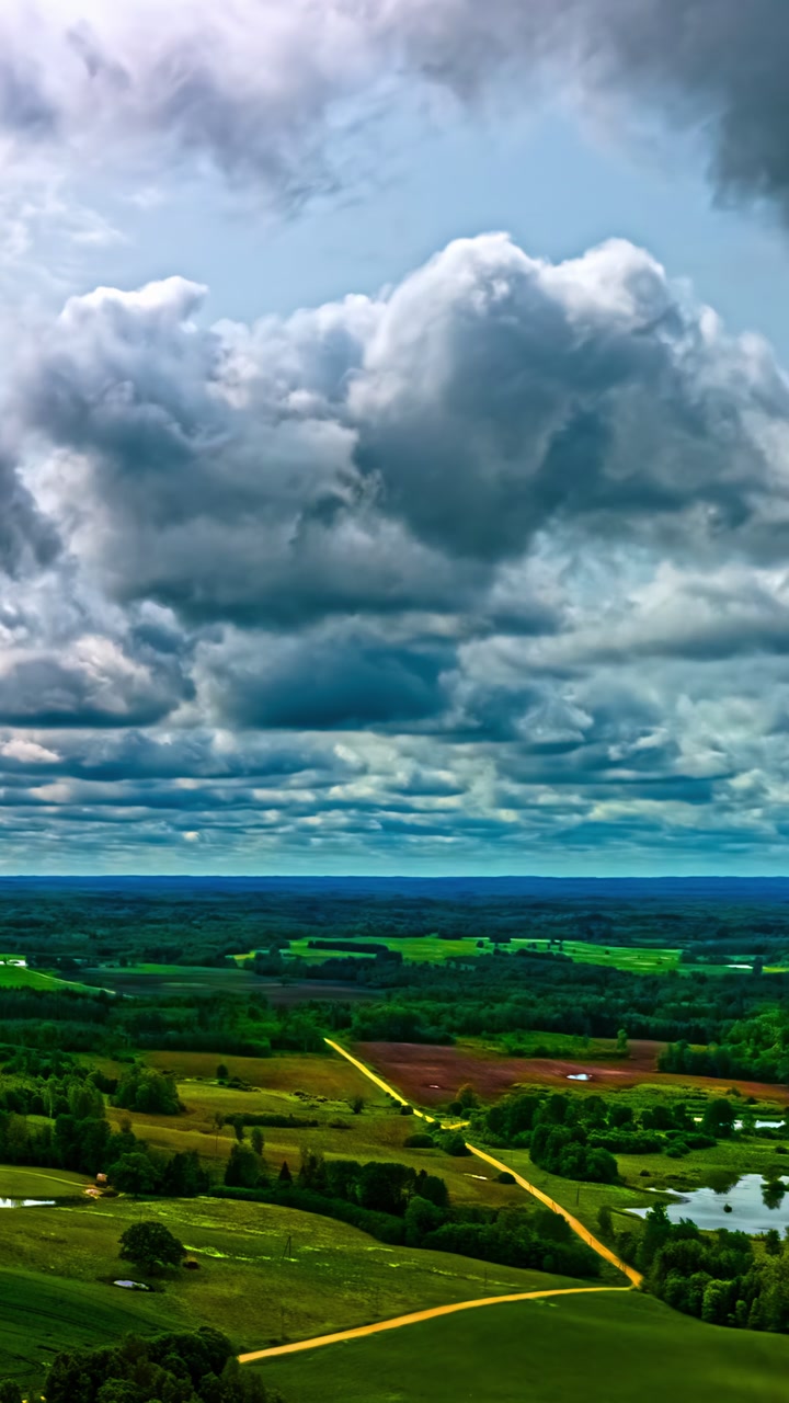 Dramatic clouds over lush green landscape, showcasing nature's beauty