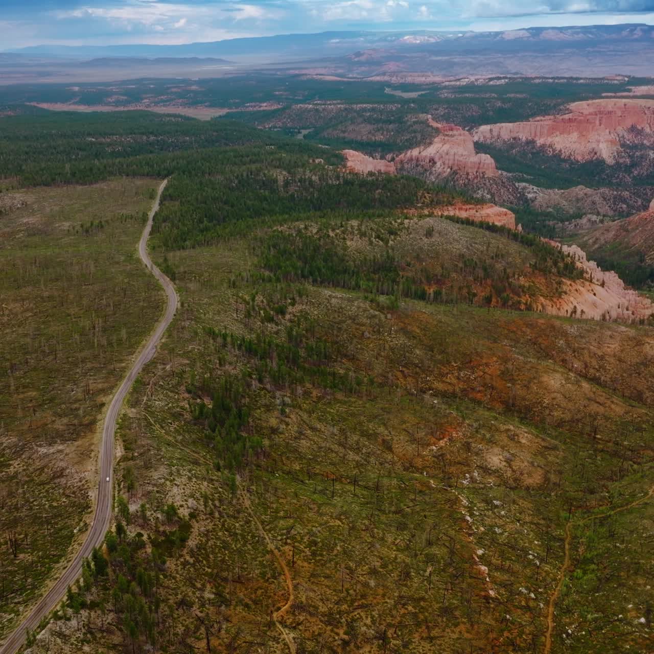 Stunning picturesque view of Zion National Park in Utah, USA. Drone descending over the road going through rocky landscape