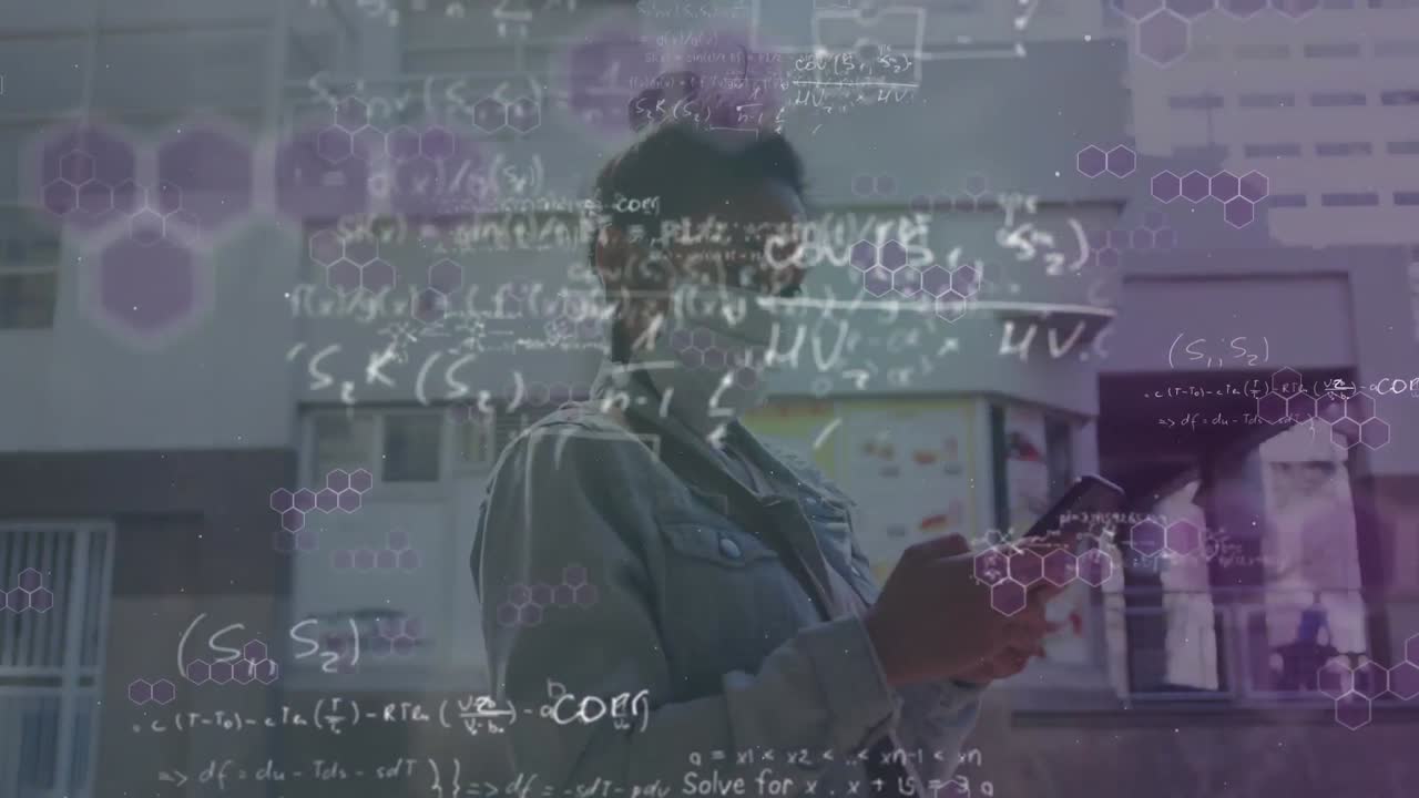 Animation of a woman with a mask in the street over formulas