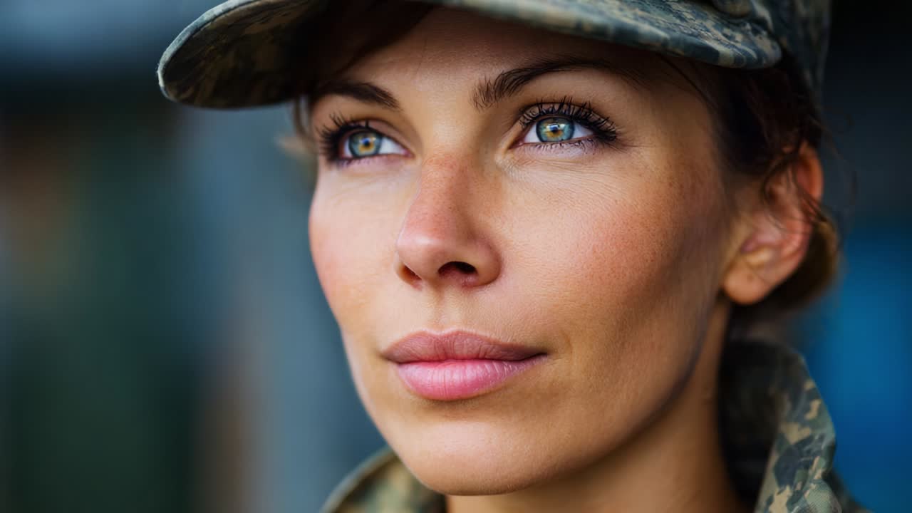A Focused Soldier: Capturing the Determined Gaze and Poised Expression of a Female Military Personnel in Uniform, Exuding Confidence and Commitment to Duty in a Dynamic Environment