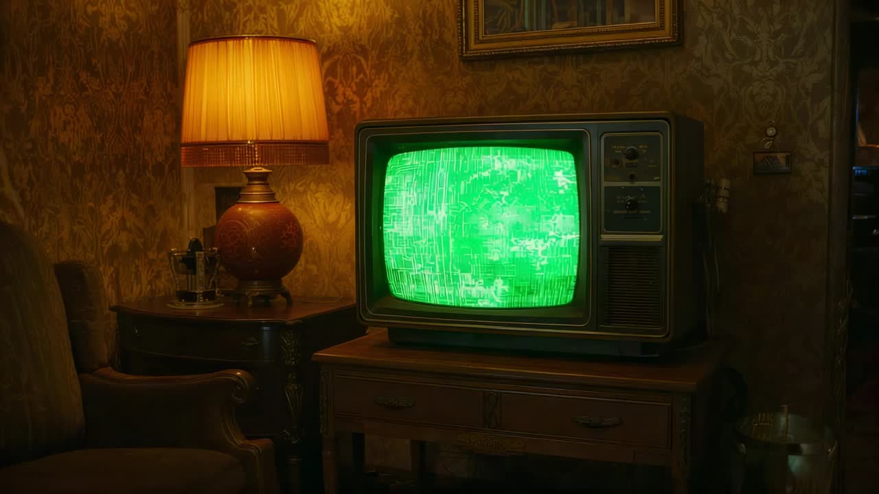 Televisore CRT retrò tremolante che mostra una schermata statica verde su una cassettiera nell'angolo del soggiorno, lampada accesa