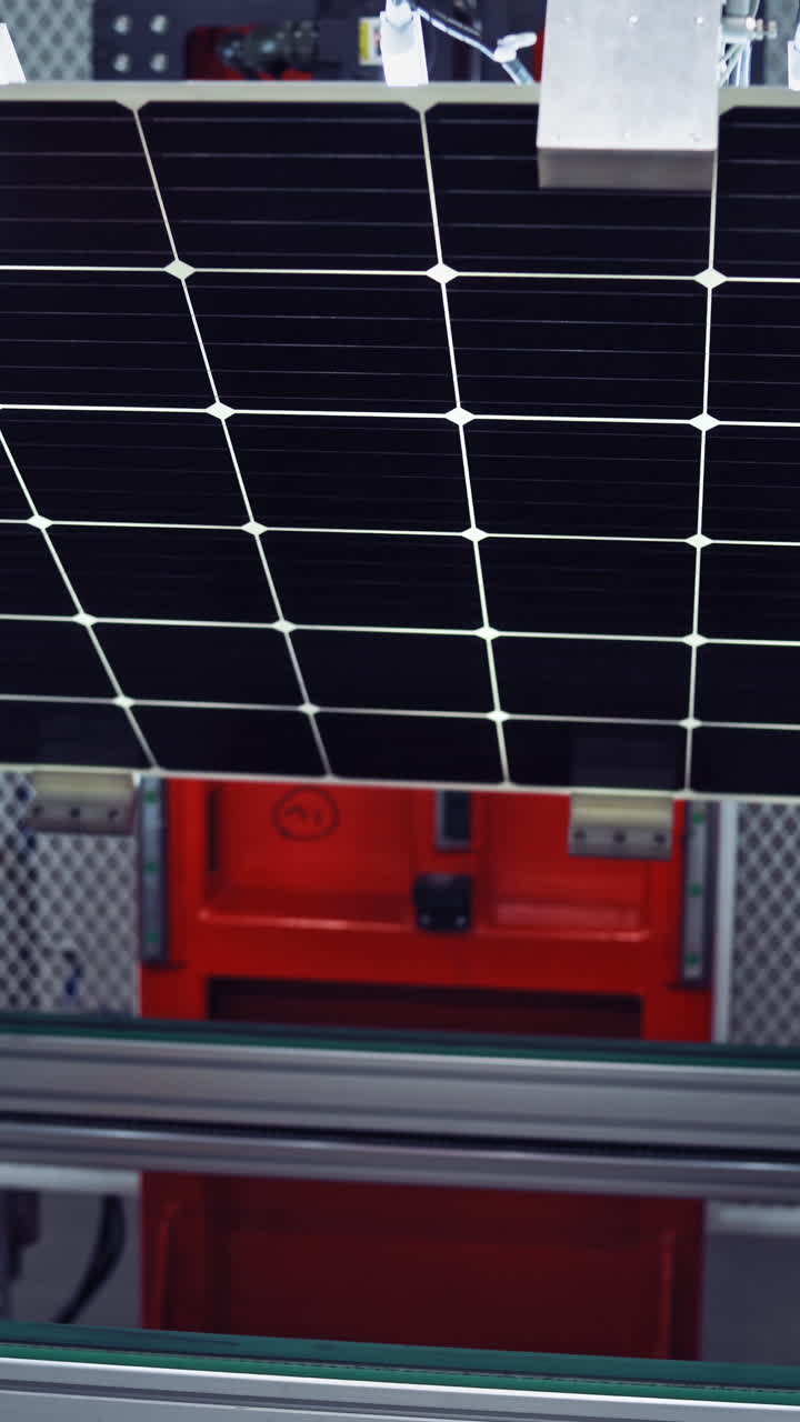 Production of new solar panels. Automated equipment inside the modern robotic manufacturing. Innovative factory indoors. Vertical video