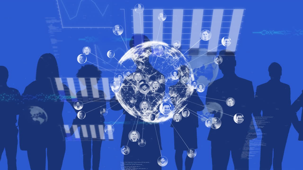 연결 네트워크와 함께 지구의 애니메이션, 비즈니스 사람들의 실루 ⁇ 에 대한 데이터 처리